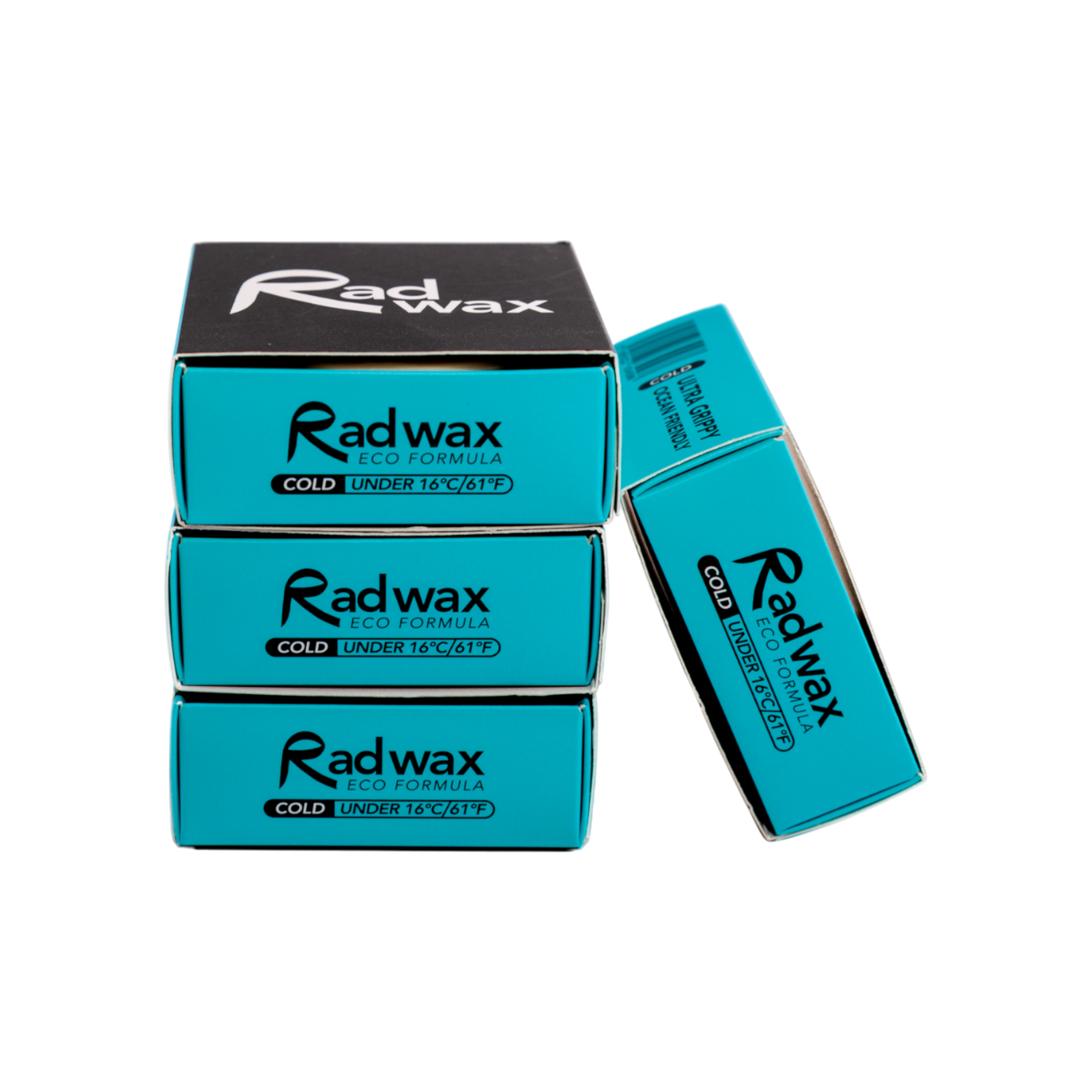 Stack of Rad Wax Cold eco surfboard wax bars and boxes on a white background