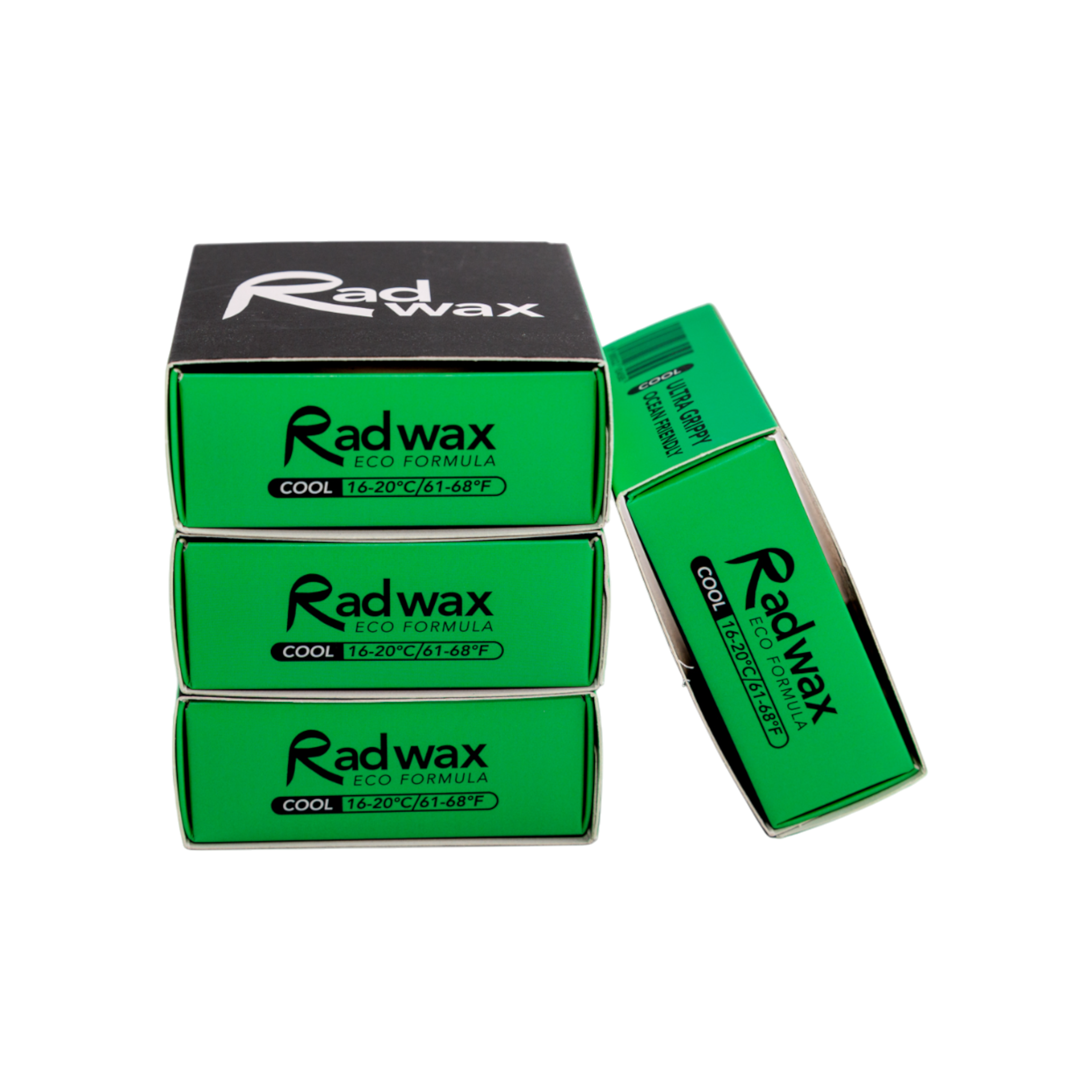 Green Cool Rad Wax eco surfboard wax bars and packaging on a white background