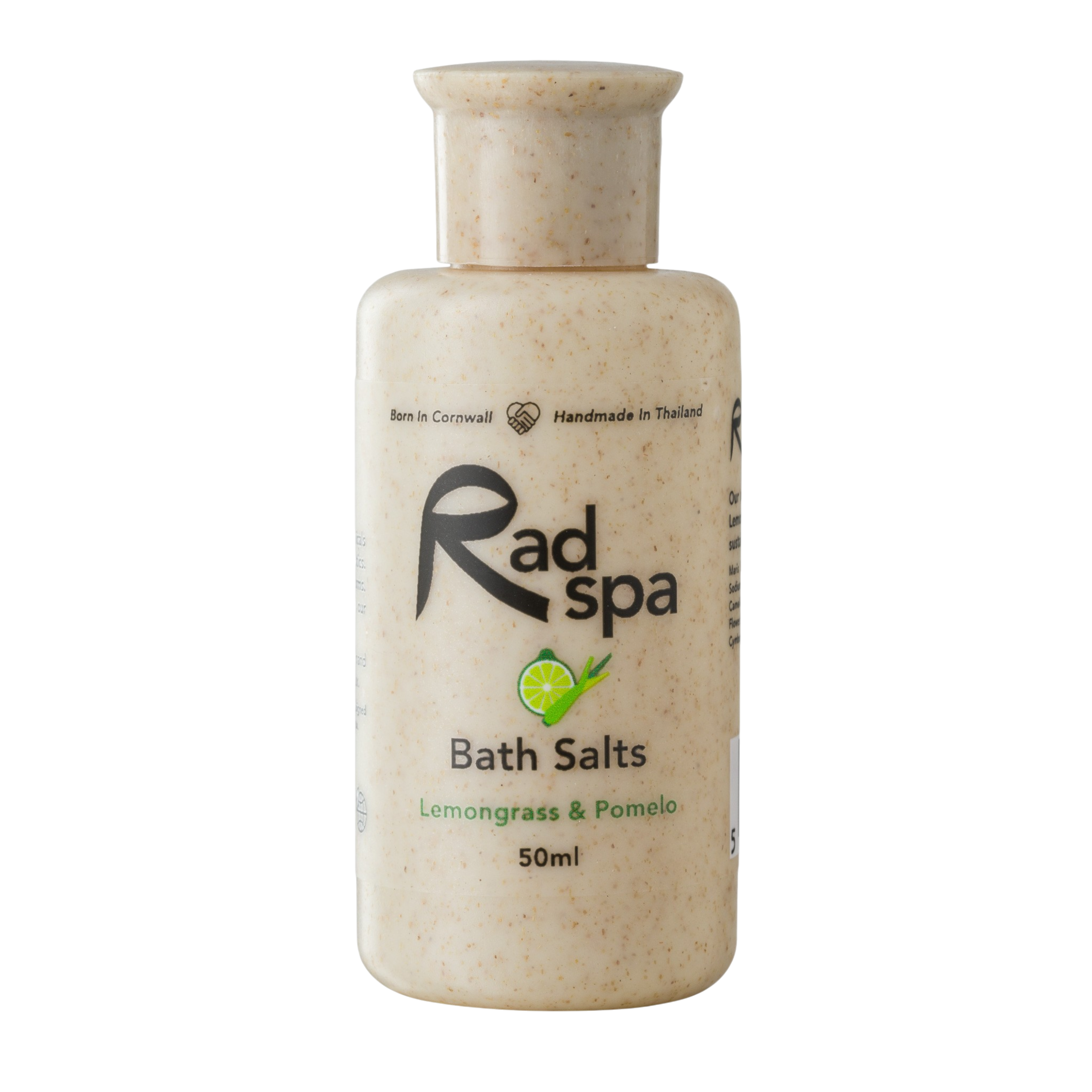 Bottle of Rad Spa bath salts on a white background