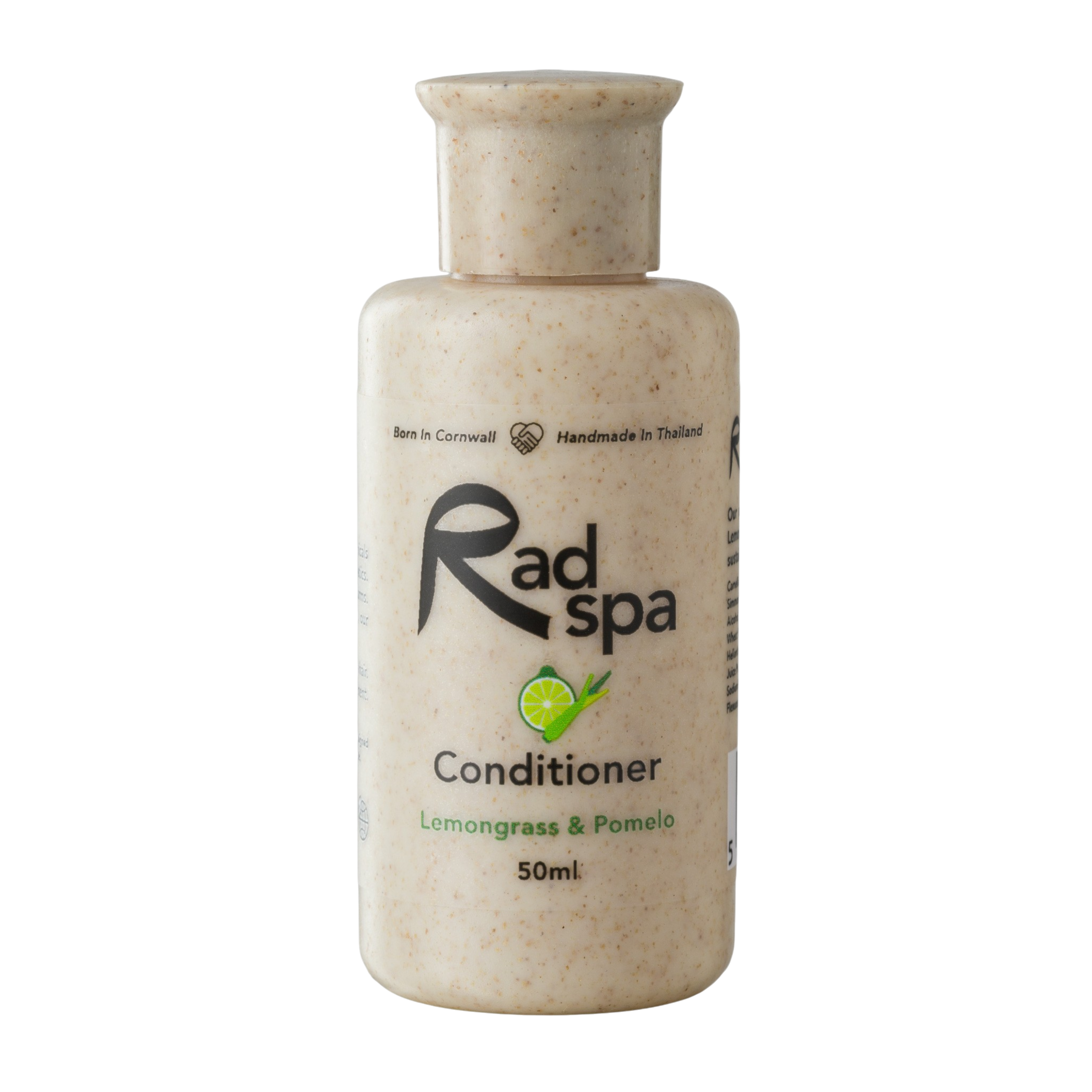 Bottle of Rad Spa conditioner with lemongrass and pomelo scent on a white background