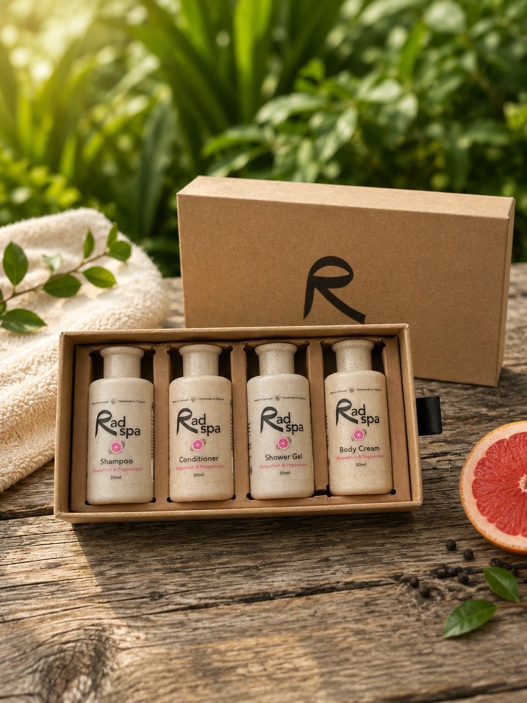 Set of Rad Spa skincare products in a box with a natural background