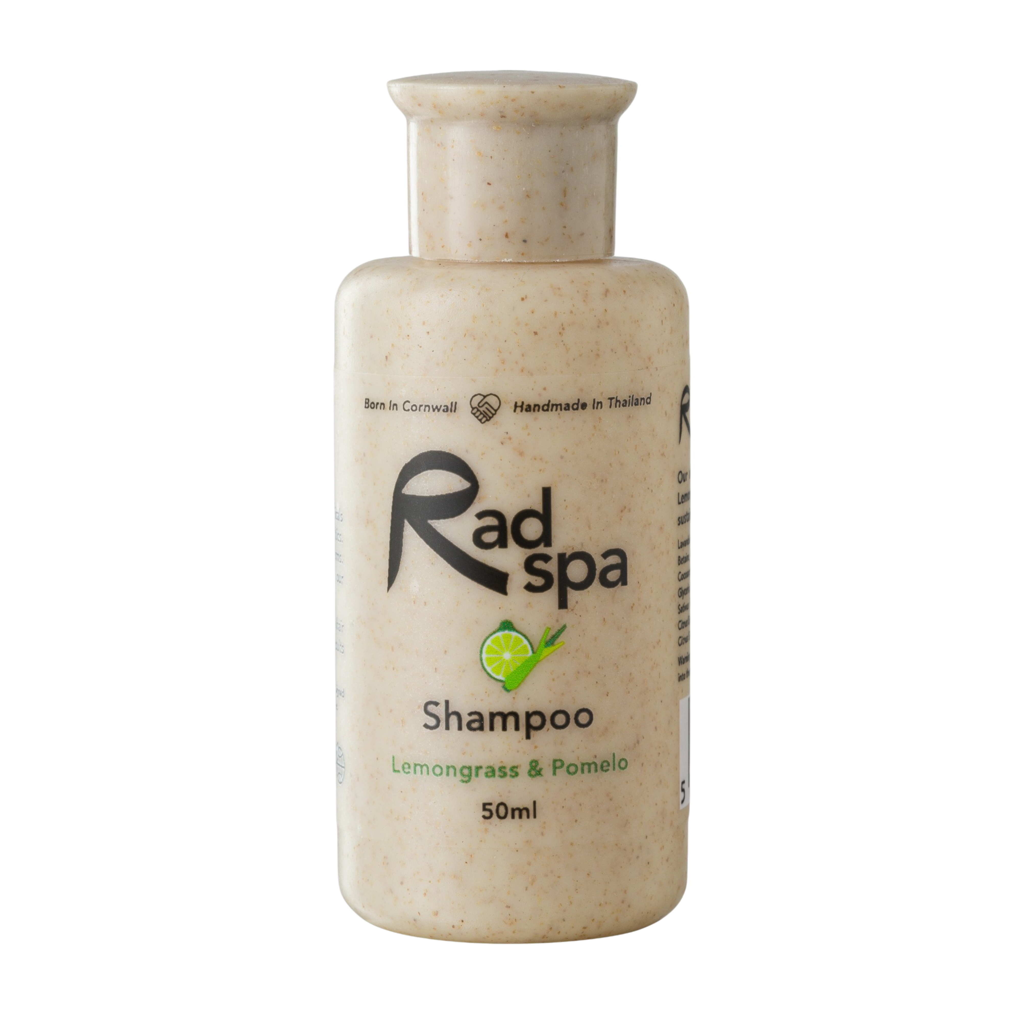 Rad Spa shampoo with lemongrass and pomelo scent on a white background