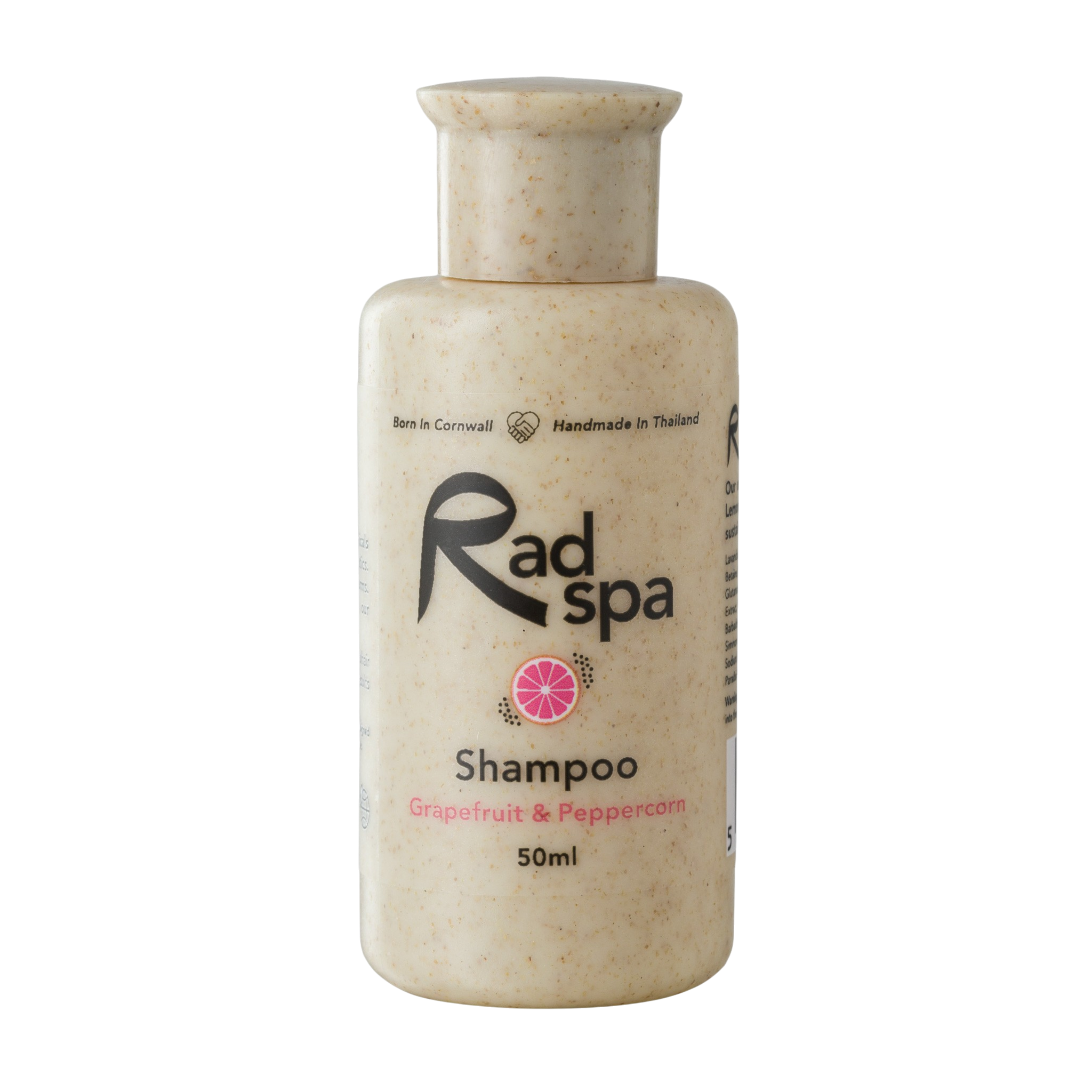 Rad Spa shampoo bottle with grapefruit and peppercorn scent on a white background