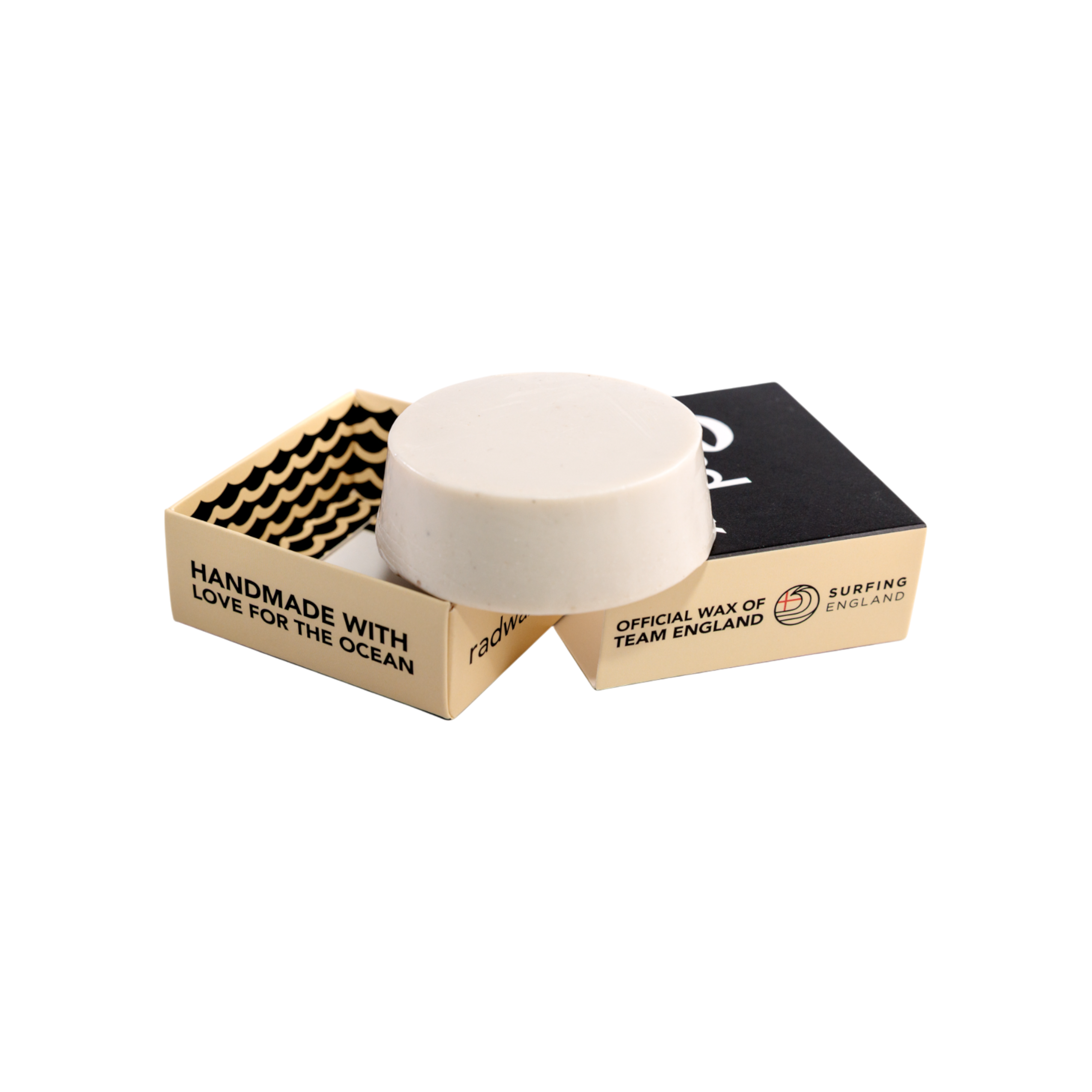 Surfing England Rad Wax surf wax in a branded box on a white background