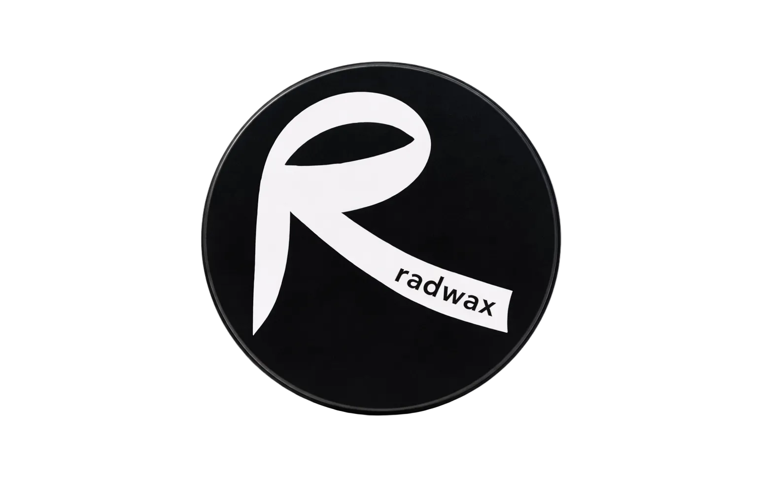 Black circular object with white 'R' and 'radwax' text on a white background