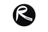 Black circular object with white 'R' and 'radwax' text on a white background
