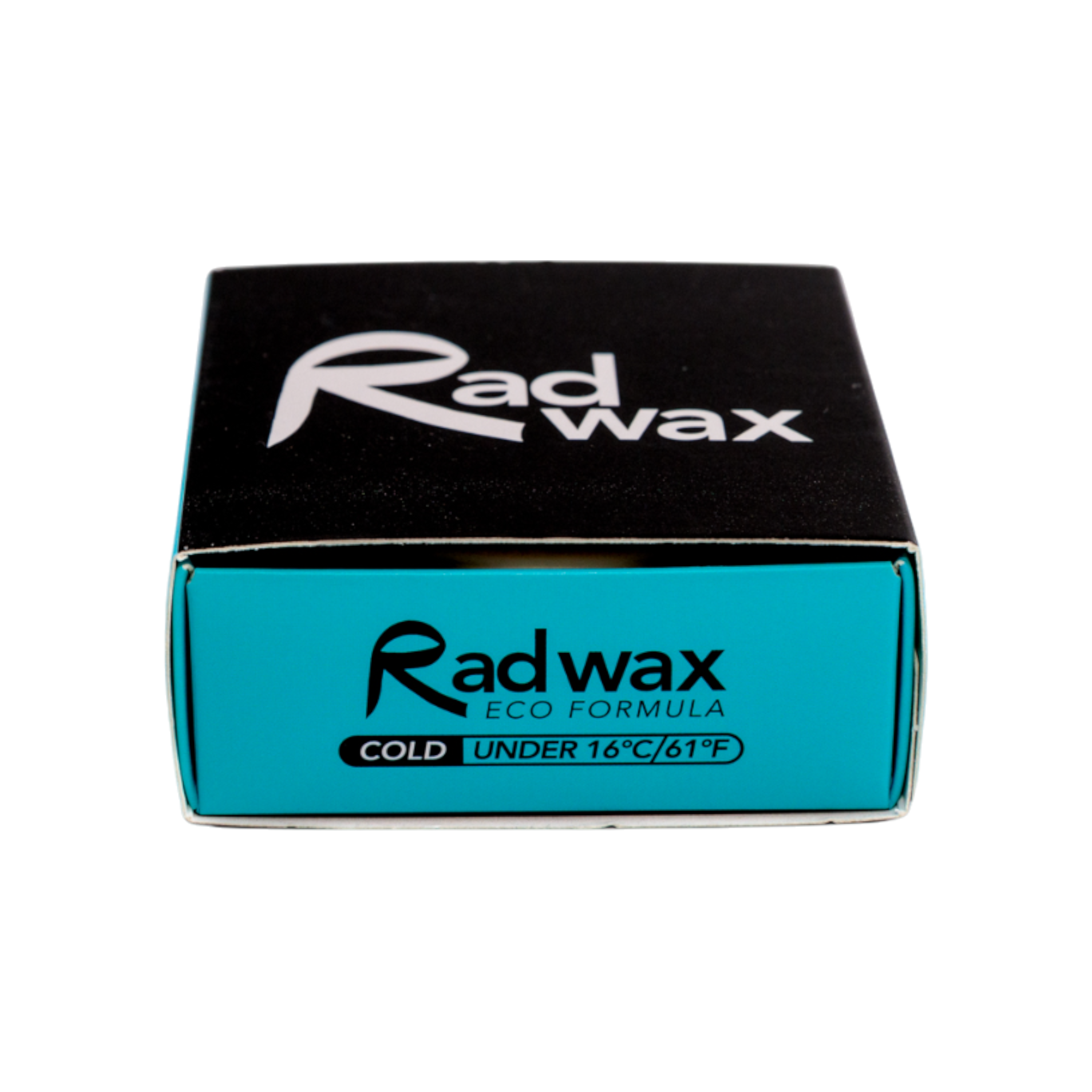 Rad Wax Cold Water Eco surf Wax box with black and blue design on a white background