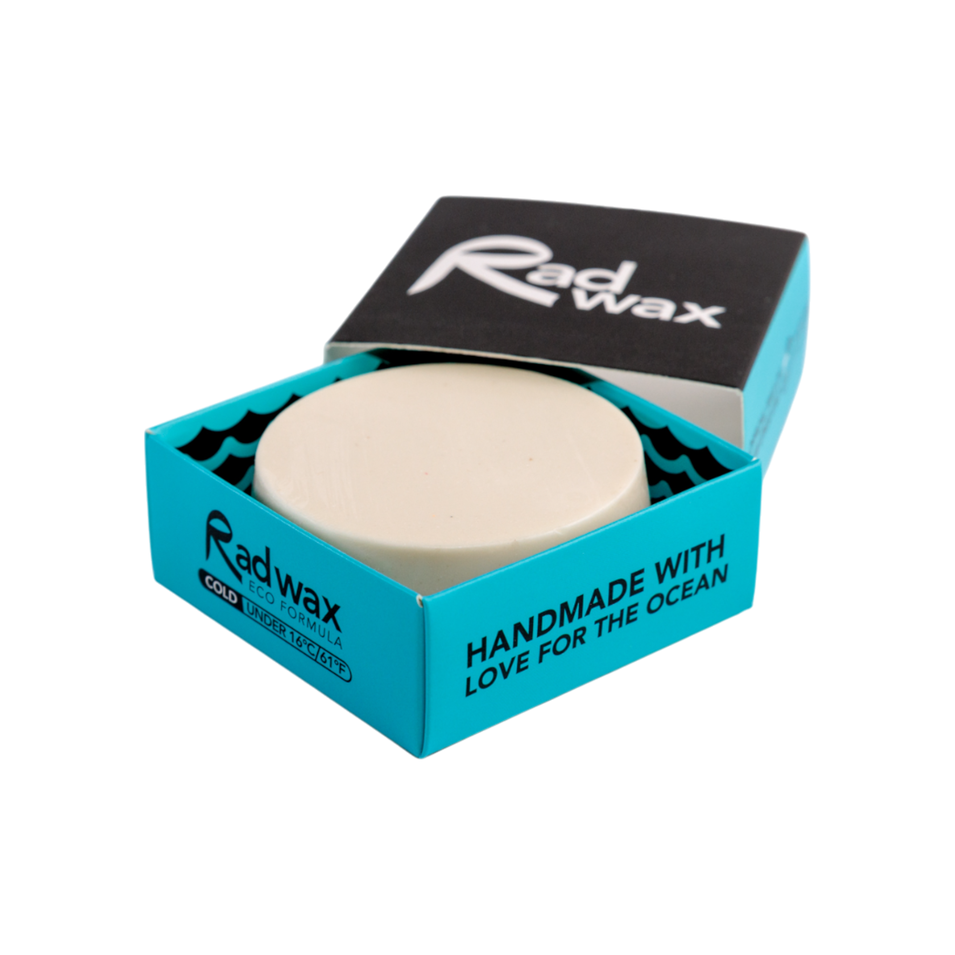 Rad Wax surf wax block in a blue box on a white background