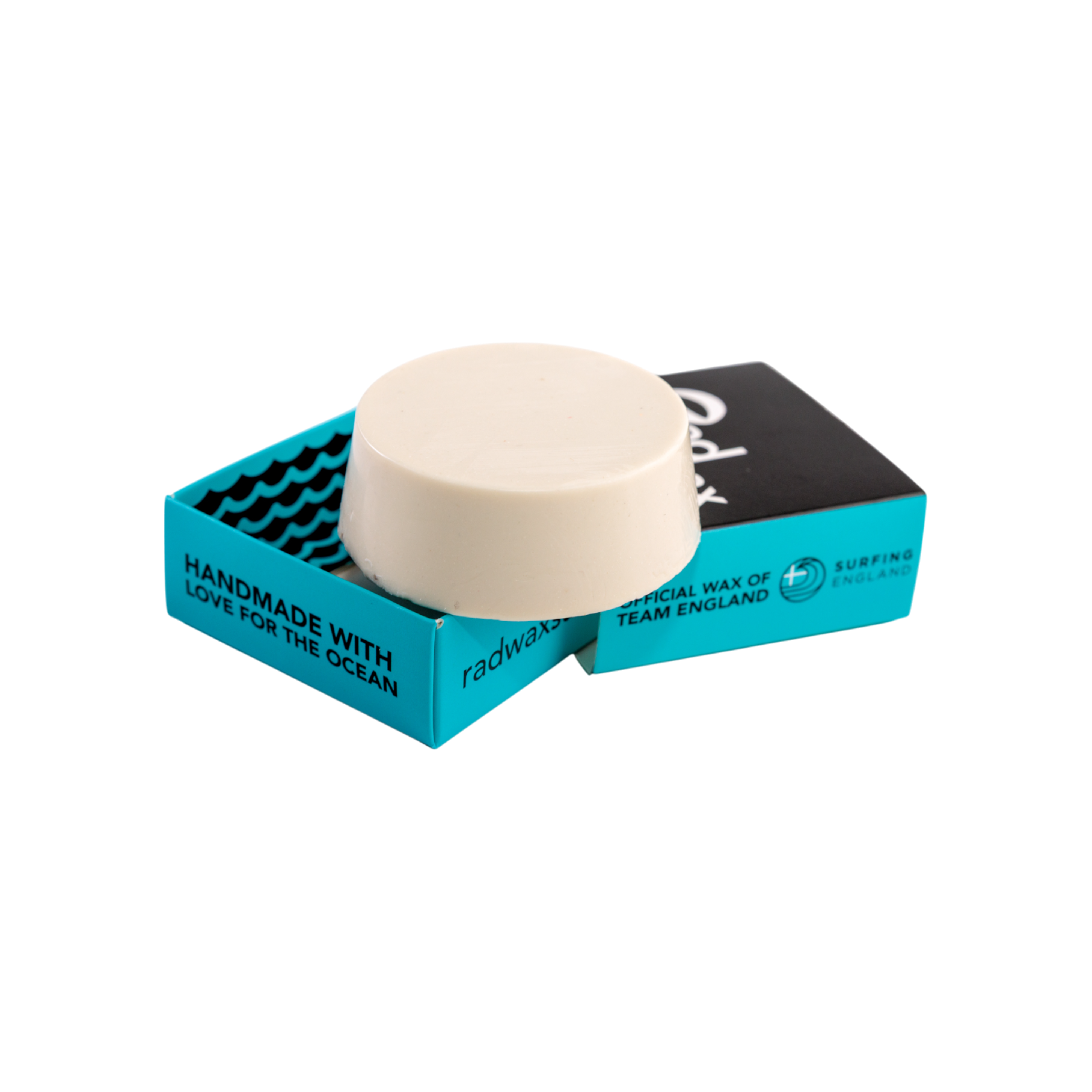 Rad Wax eco surf wax bar with packaging on a white background