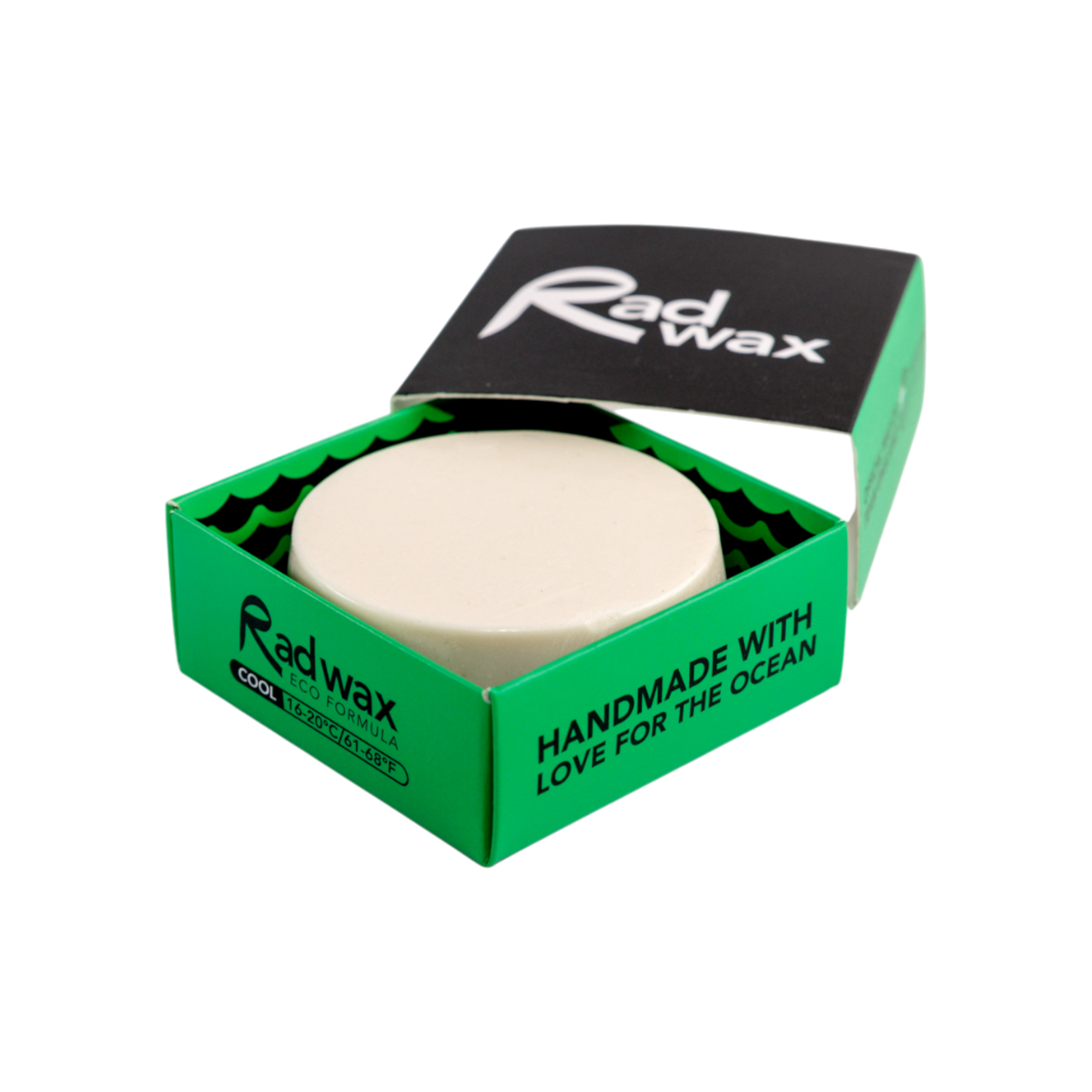 Green box containing a white bar of eco surf wax. Rad Wax Cool branding on a white background