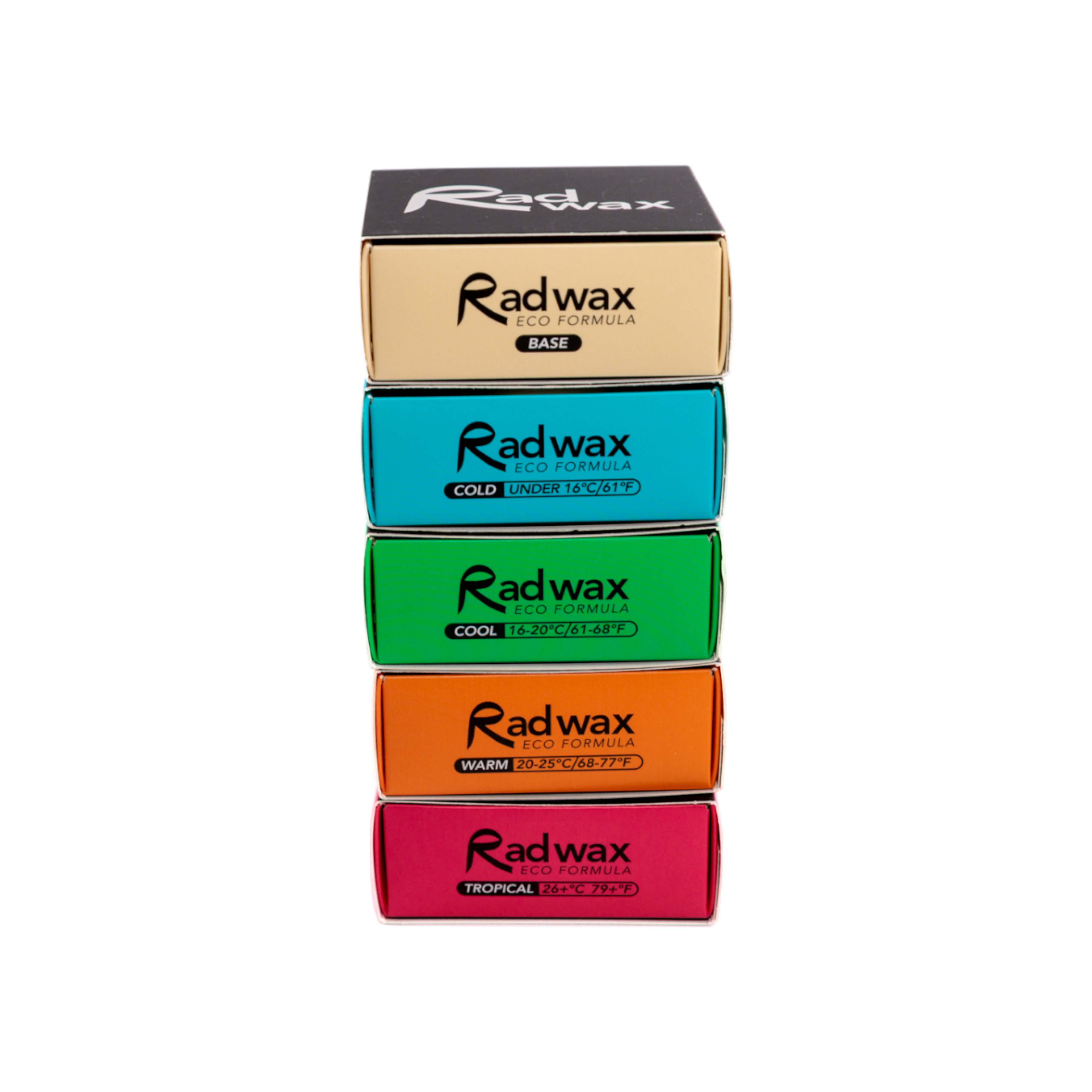 Stack of Rad Wax wax bars in different colours on a white background