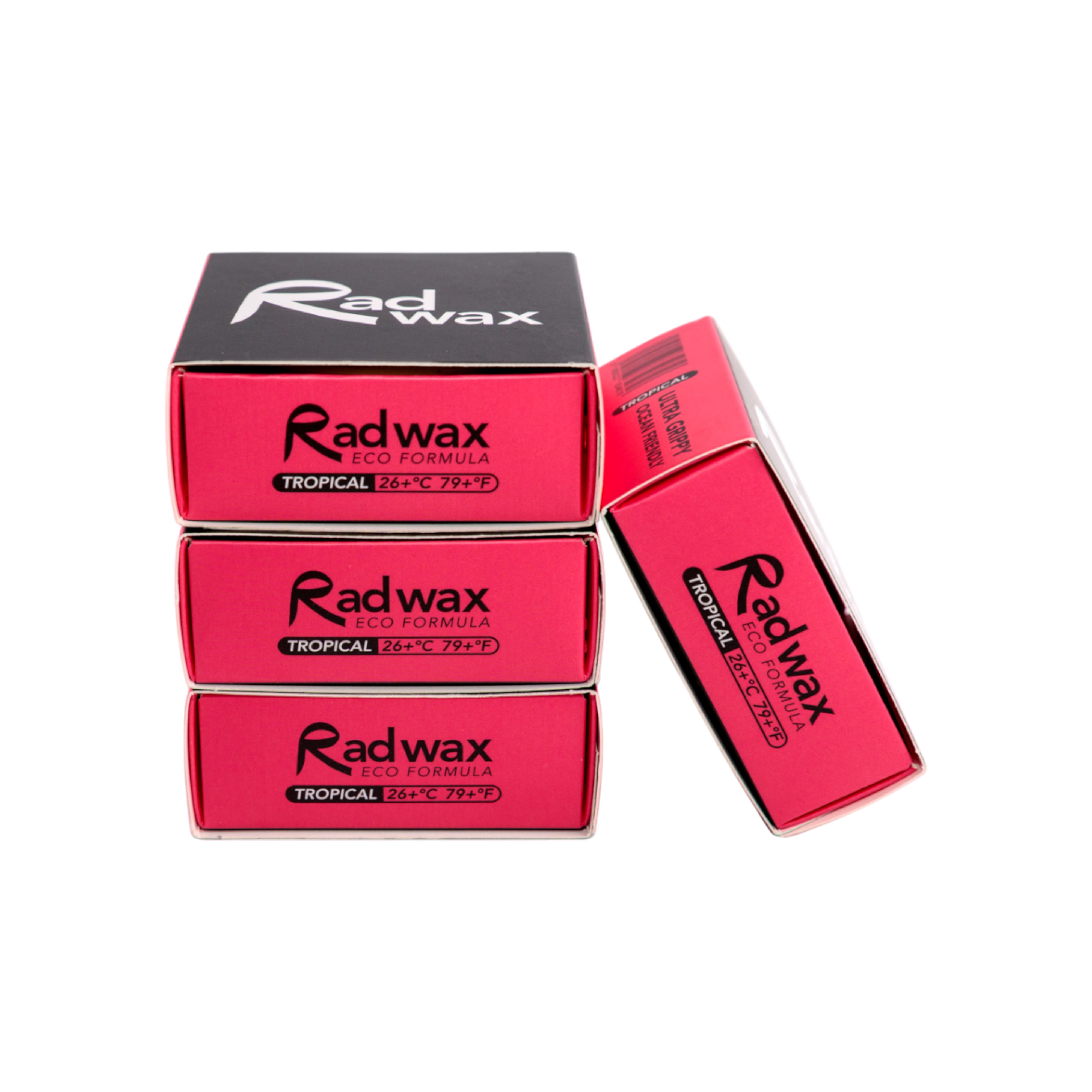 Four bars of Rad Wax tropical surfboard wax on a white background