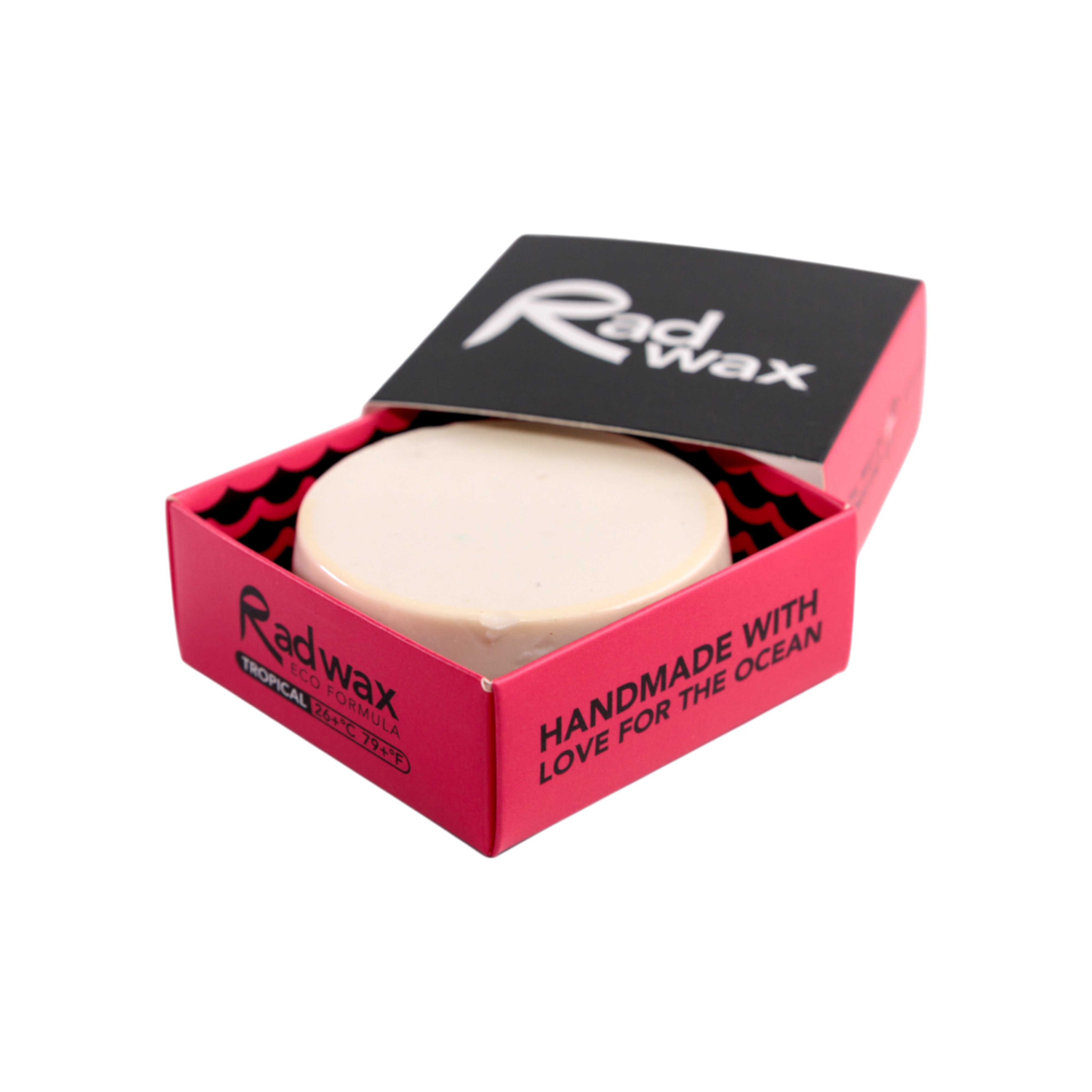 Rad Wax Tropical Eco surf wax in a red box on a white background
