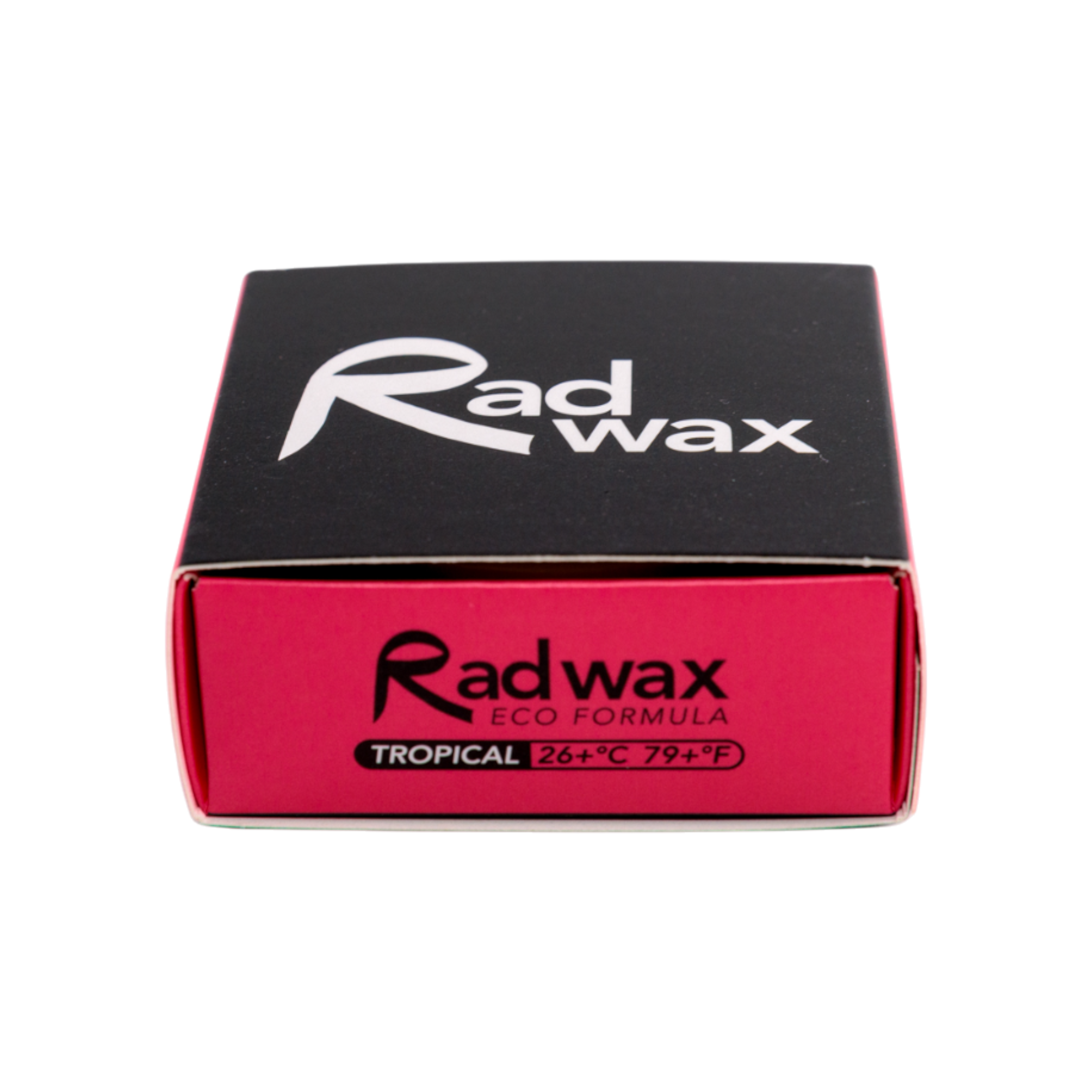 Rad Wax eco surfboard wax, tropical. Packaging with black and red design on a white background
